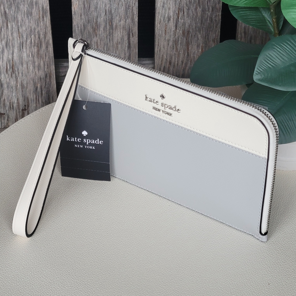 Kate Spade Lucy Platinum Gray & Cream  L-zip Wristlet - Picture 9 of 11
